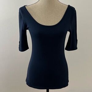 Navy Blue Scoop Neck Top with Button Accents on Sleeves Size Medium